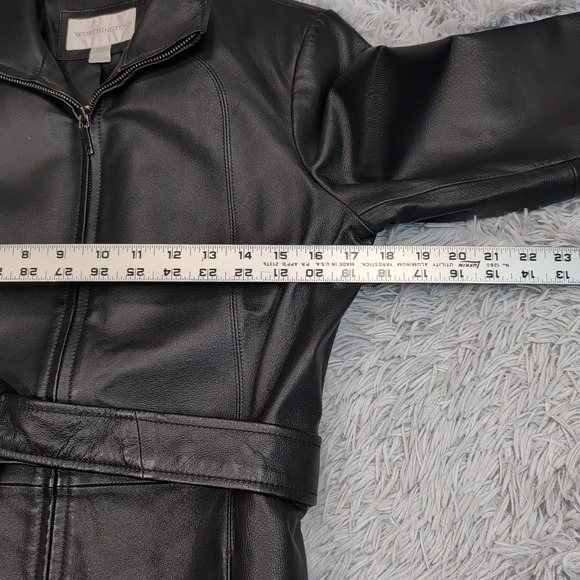 Worthington Jacket Womens S Petite Coat Leather Black Zip Up Belt Career Pockets - Picture 3 of 11